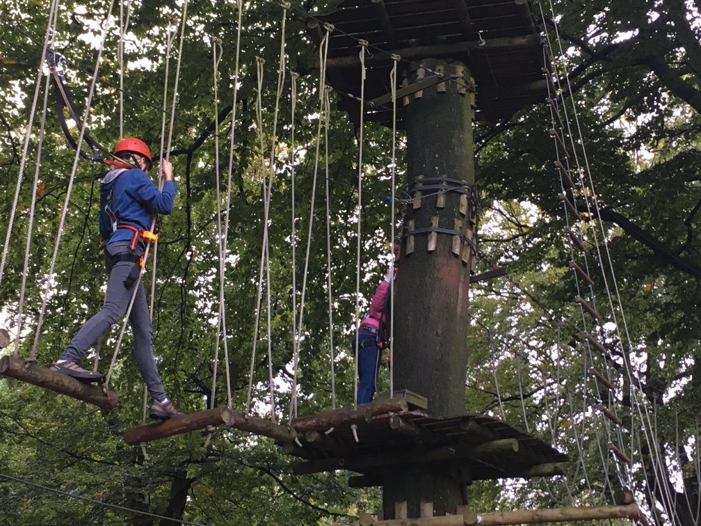 2 Jugendliche auf Seilen und Plattformen in einem Baumkletterparcours